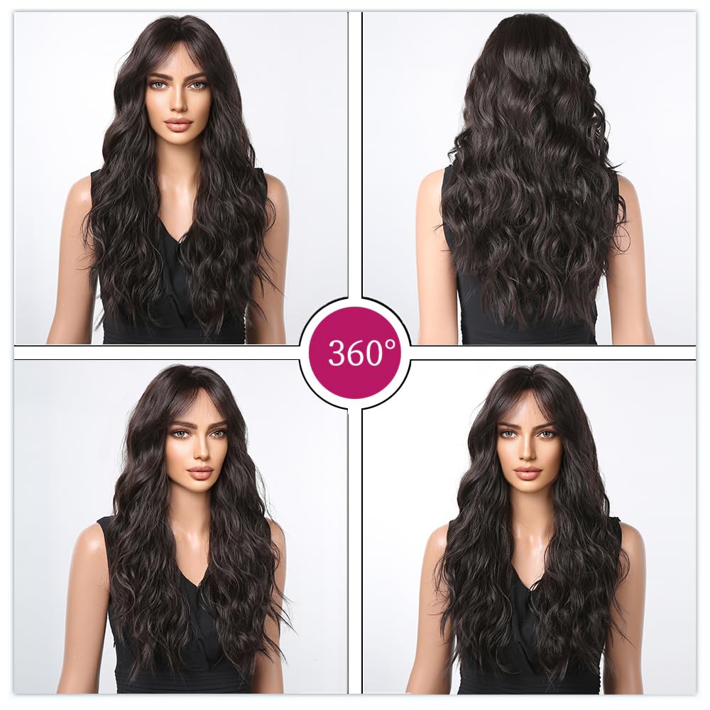 Esmee Parrucche Lunghe Ondulate Marrone Scuro per le Donne Natuaral Capelli Sintetici Resistenti al Calore Parrucca Brunette per Uso Quotidiano Cosplay Party