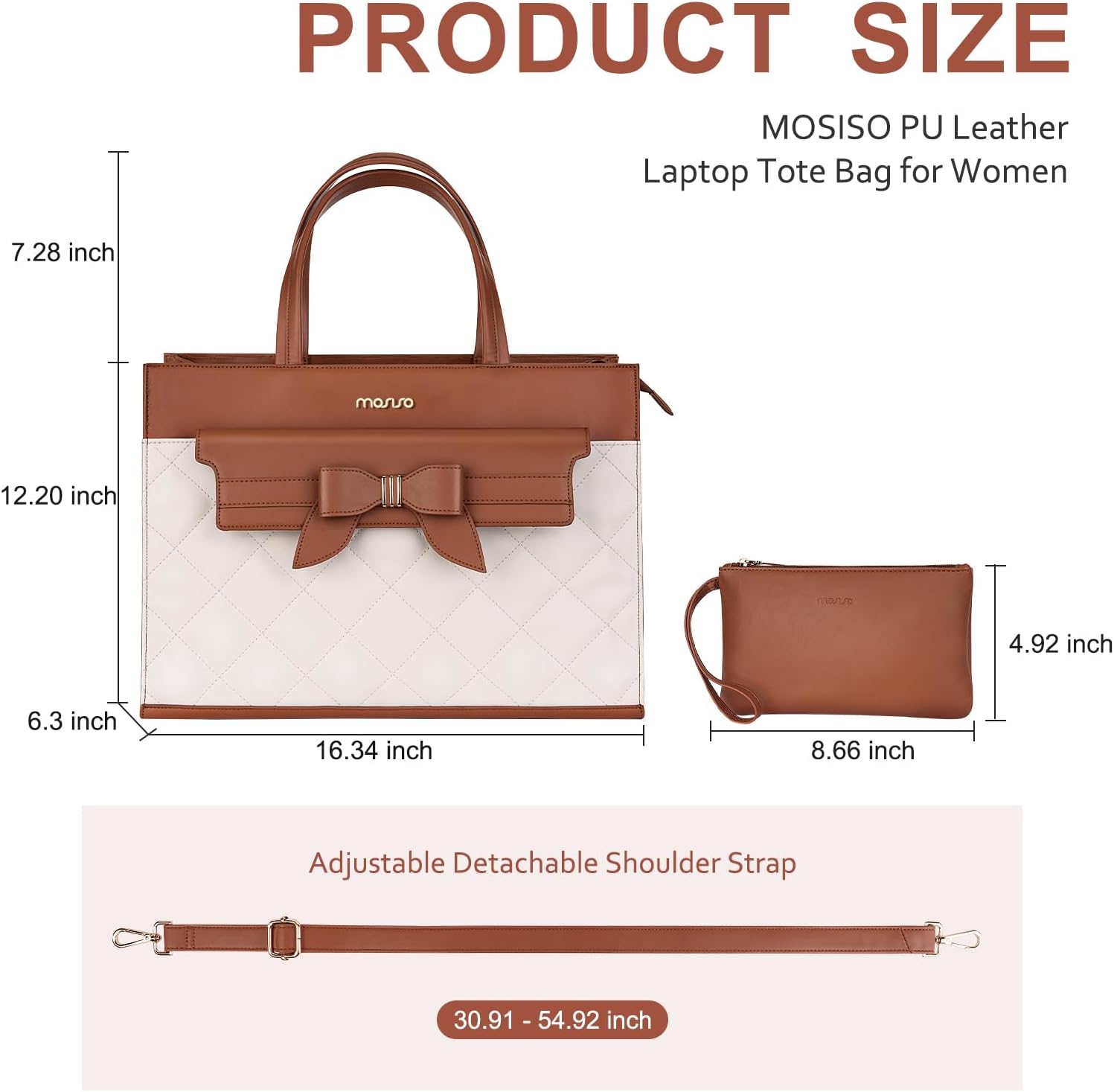 MOSISO Laptop Tote Bag, 15.6 inch PU Leather Flapover Pocket Tote Bag & Clutch Purse, Work Bag with Bowknot for Women, Waterproof Computer Briefcase for Business Office, Brown