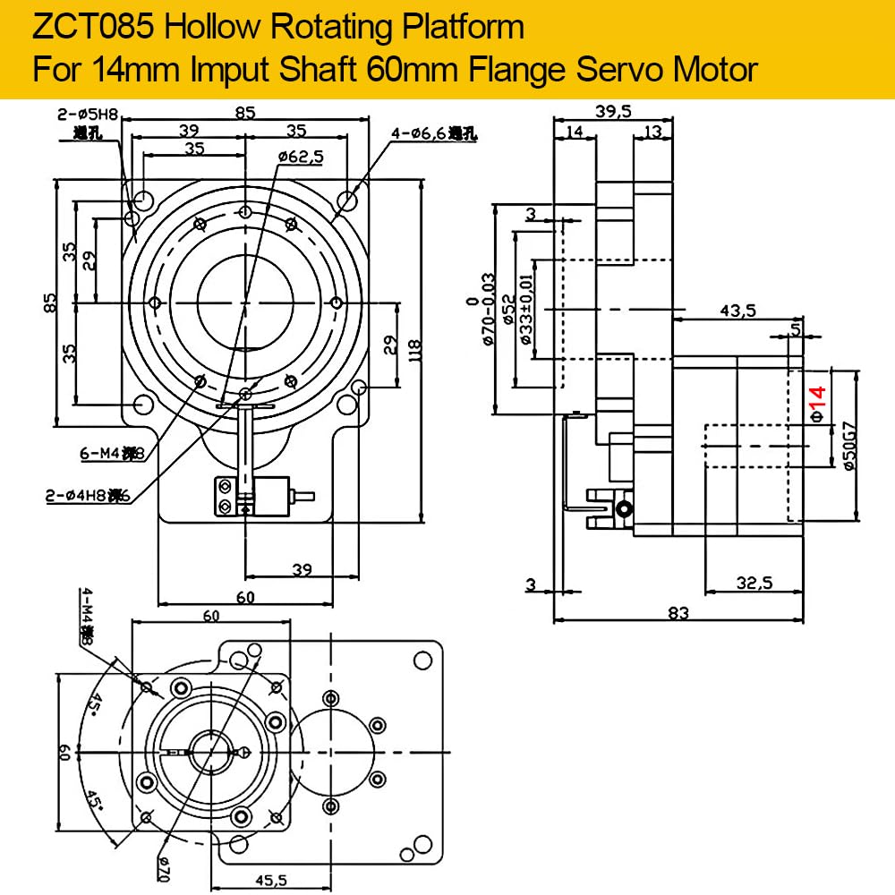 Przekładnia obrotowa z pustym dnem do serwosilnika krokowego, indeksowania elektrycznego, zamiennika krzywki silnika obrotowego (serwo ZCT085-14 mm, 60 serw, przełożenie 10 do 1)