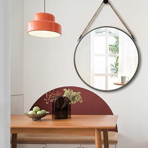 Miniatura 48 de POZINO Espejo redondo, espejo colgante de 24 pulgadas con cuerda, espejos de pared circular, marco negro, espejos de granja para baño, dormitorio
