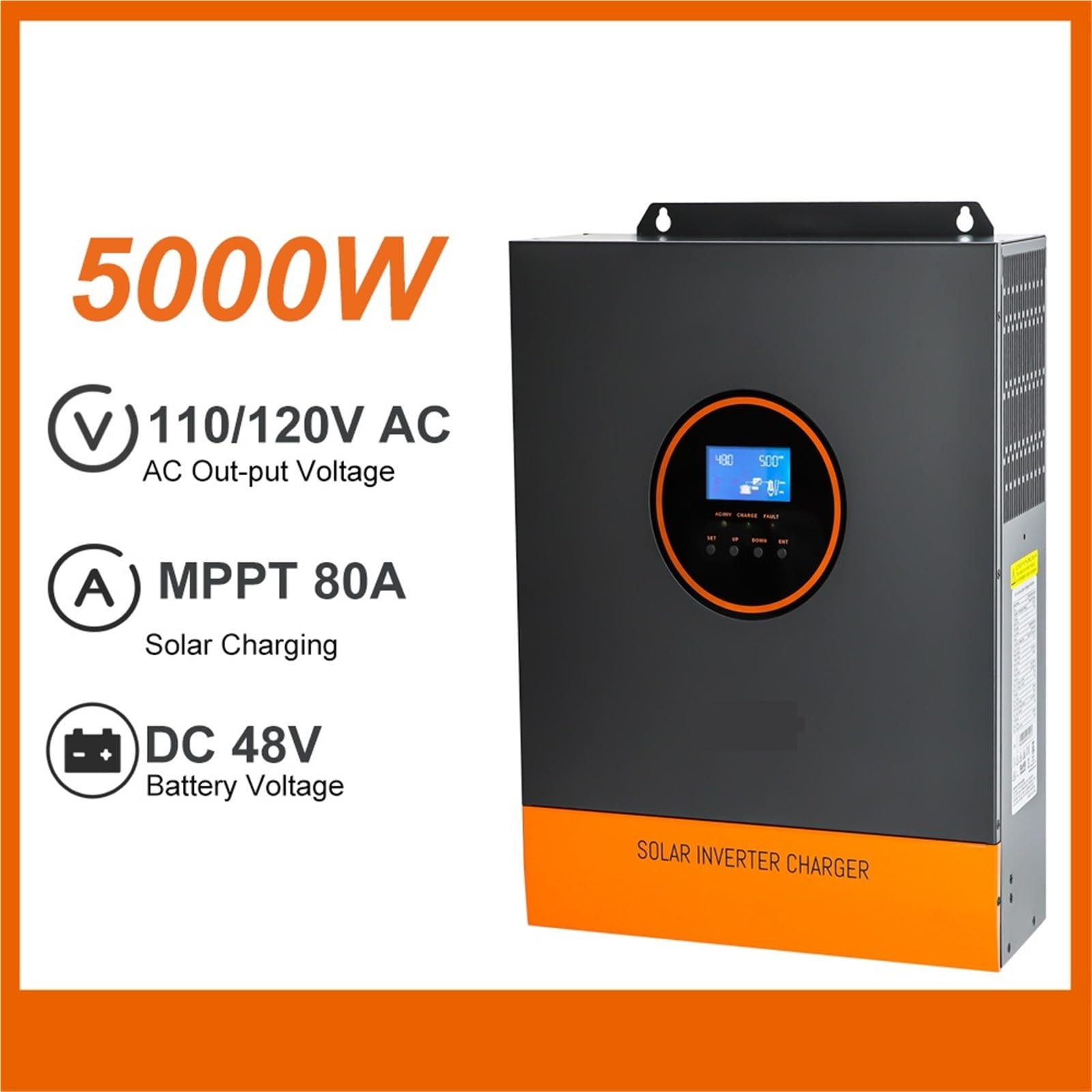 Onduleur hybride solaire monophasé 5000 W, sortie 110 V/120 V CA, onde sinusoïdale pure DC 48 V avec contrôleur de charge solaire MPPT 80 A(5KW 48V without WIFI)