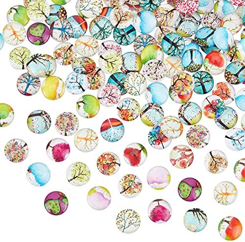 PandaHall 200 pcs Tree of Life Printed Half Round/Dome Glass Cabochons, Mixed Color, 12x4mm