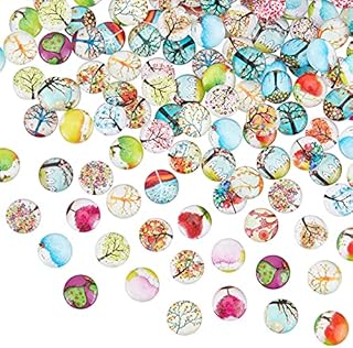 PandaHall 200 pcs Tree of Life Printed Half Round/Dome Glass Cabochons, Mixed Color, 12x4mm