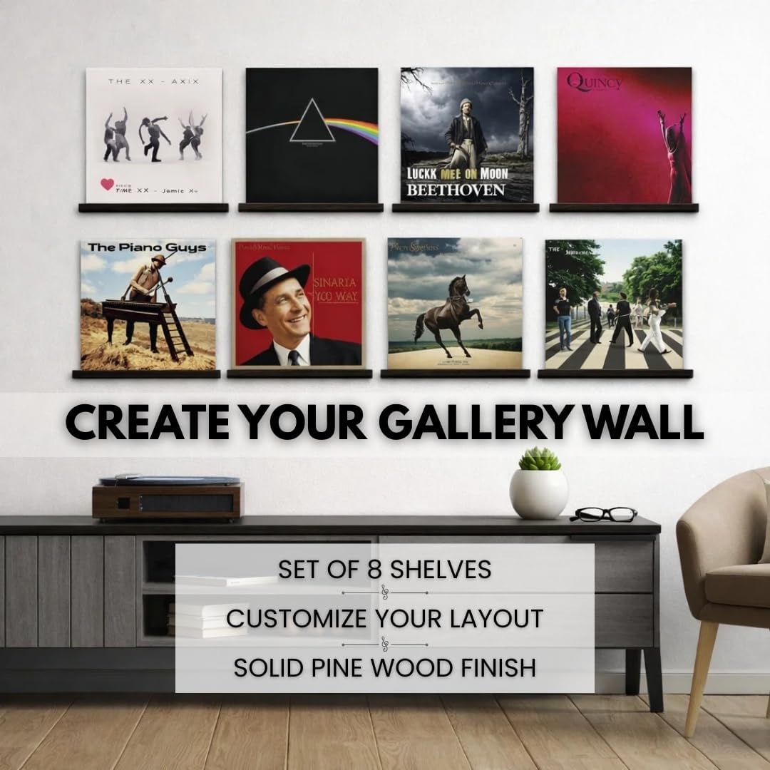 LABEND HOME Vinyl Record Bookshelf - Set of 8 Floating Shelves for LP Album Storage - Solid Pine Wood Wall Mount Display - Easy Install Hardware Included - Espresso