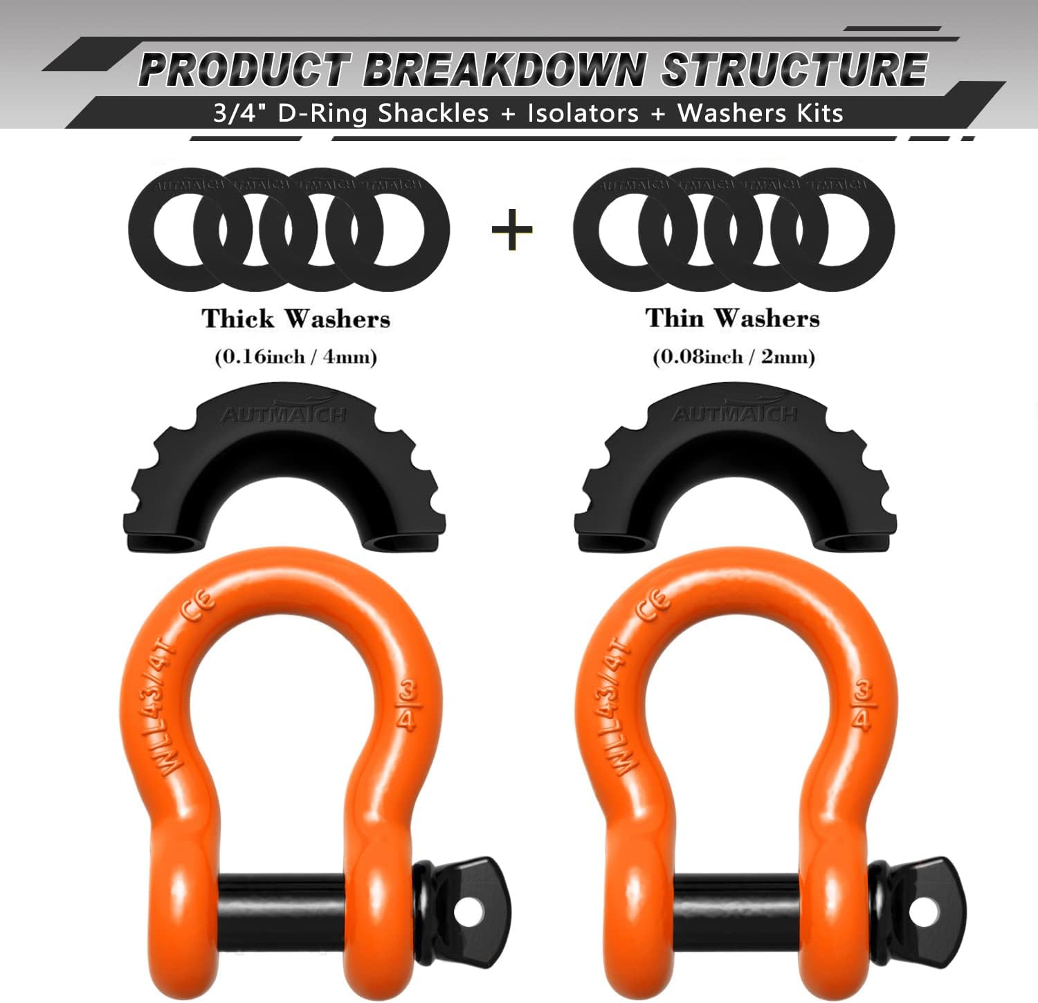 AUTMATCH 3/4" D Ring Shackle and Hitch Tightener Anti-Rattle Clamp with Rubber Isolator, Hitch Stabilizer for 1.25 and 2 inch Trailer Hitches Jeep Tow Strap Off Road Vehicle Recovery, Orange & Black