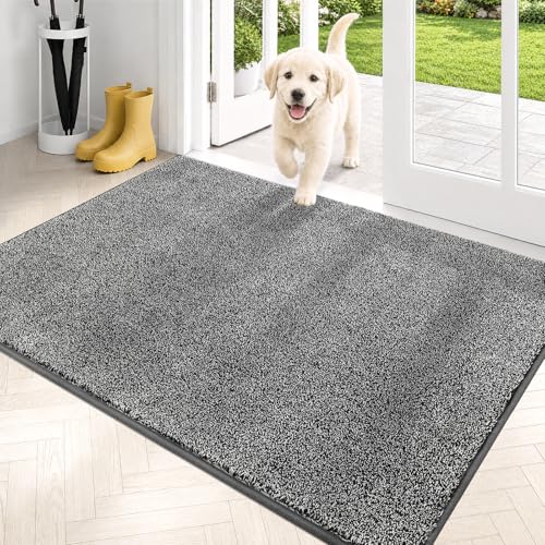 Image of PURRUGS Dirt Trapping Door Mat 80 x 120 cm, Non-Slip Machine Washable Entrance Mat, Dog Doormat, Super Absorbent Entry Rug for Front Door, Back Door, Muddy Shoes and Paws, Light Grey-Dark Grey