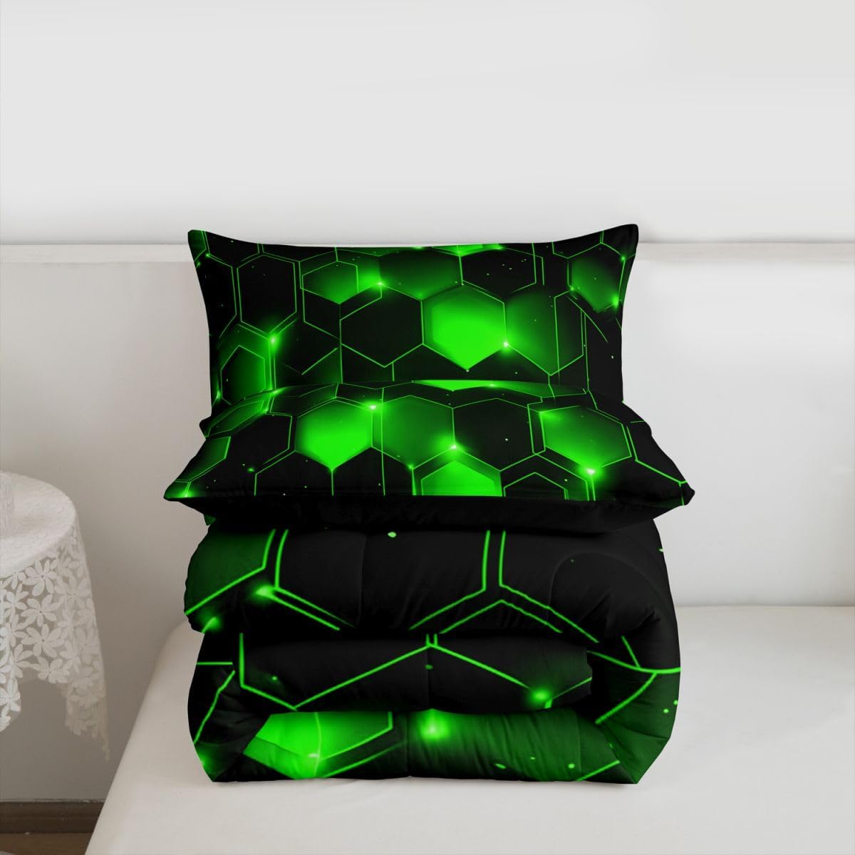 Feelyou Geometrics Honeycomb Bedding Set Kids Toddler Full, Beehive Geometric Comforter Set Honeycomb with Green Yellow Neon Lights Comforter Hexagonal Duvet Set Durable Quilt Set Full Size
