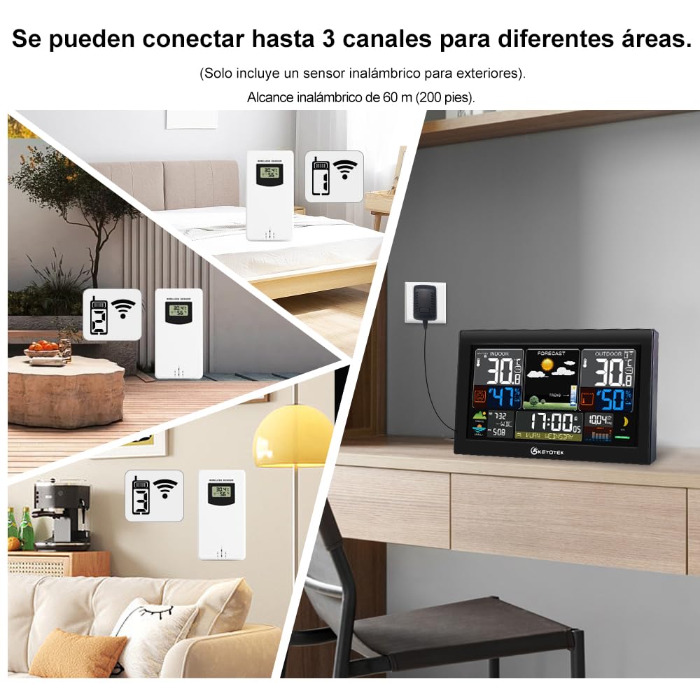 KETOTEK Estación Meteorológica Inalámbrica de Interior y Exterior con Sensor LCD Termómetro Digital Higrómetro,DCF Radio Despertador,Barómetro,Previsión Meteorológica