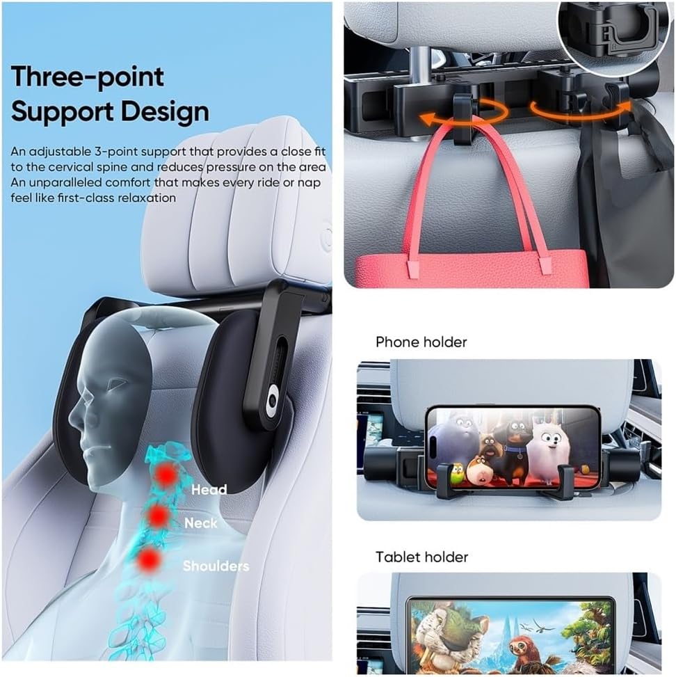 1pcs Car Headrest Pillow 2026 Upgrade 360° Rotating Travel Headrest, 3-Point Linkage Adjustable, Thickened Breathable Memory Foam Headrest, Travel Car Sleeping Pillow for Kids Adults Accessories