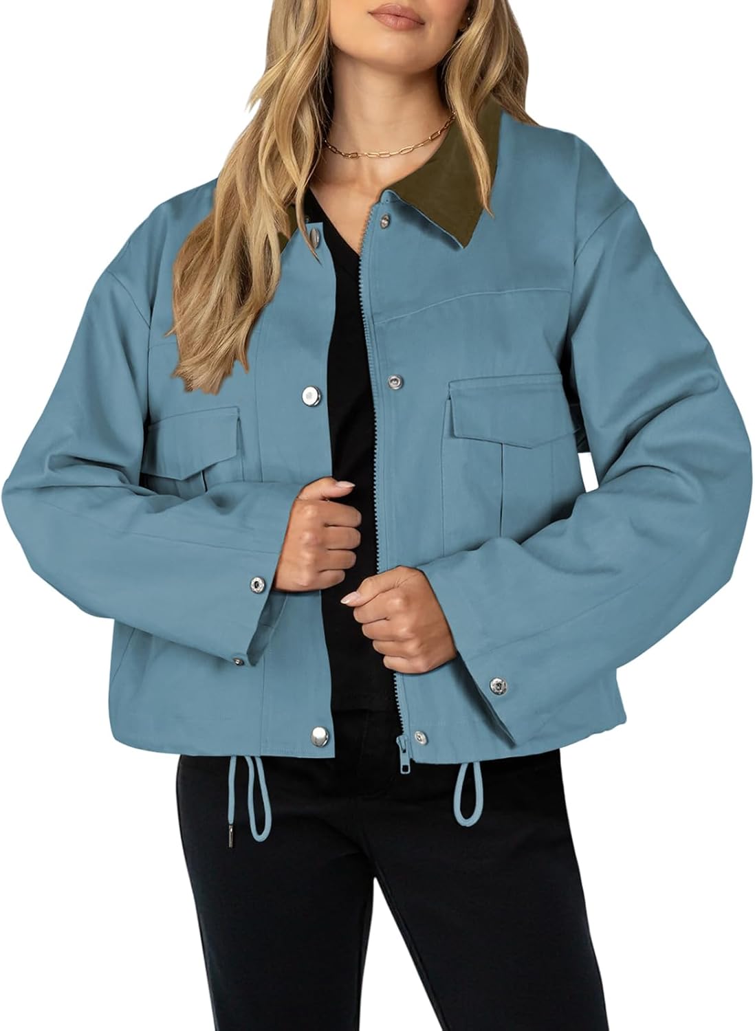 Womens Cropped Jacket Zip Up Lightweight Bomber Button Drawstring Oversized Utility Casual Coats With Pockets - Image 3