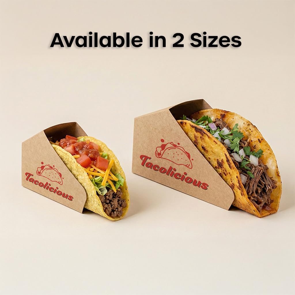 Large Custom Greaseproof Taco Holders, 100 Count, Durable Folded Paper Holders for Tacos, Wraps, Street Food, Appetizers, Personalized Packaging for Food Trucks, Cafés & Restaurants
