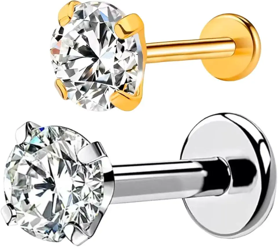 Kit 2 Piercings Ponto De Luz Zircônia Titânio G23 1.2mm - Dourado e Prateado