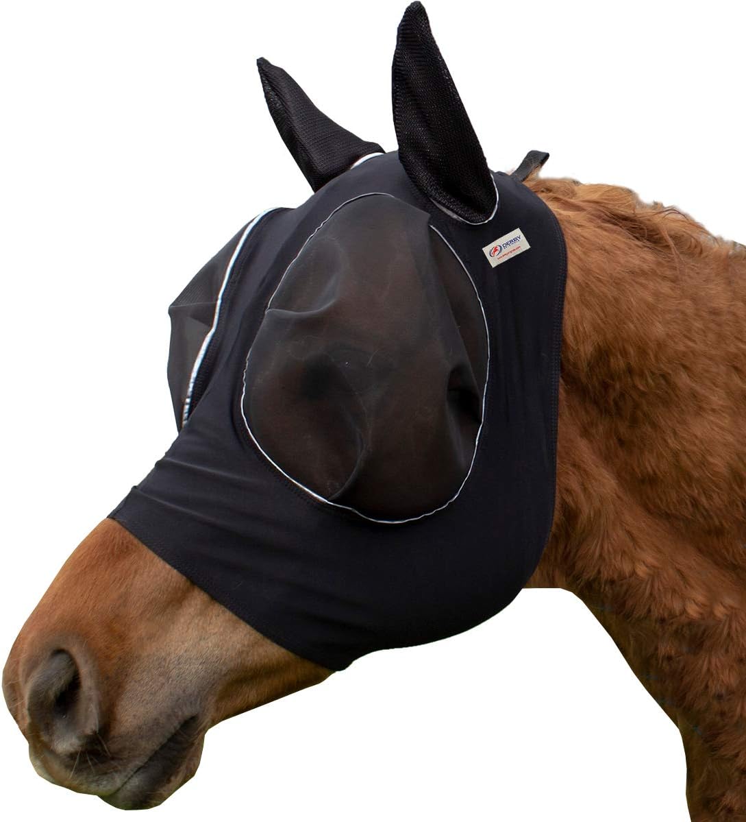 Derby Originals Reflective Lycra Fly Mask with 1 Year Warranty Mesh Eyes and Ears,Black,Large (Full/Average),72-7177-BLK-L