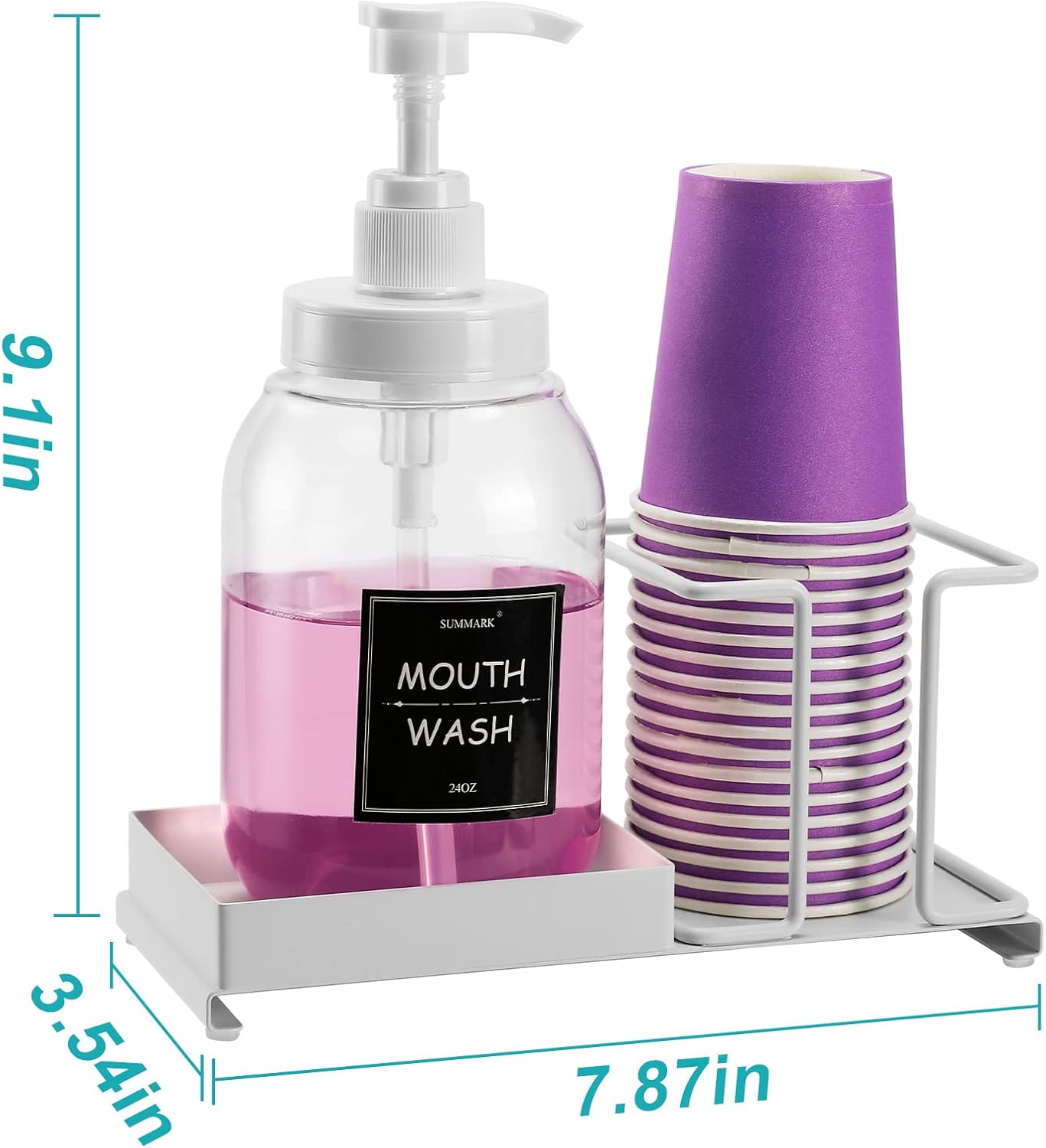 Mouthwash Dispenser for Bathroom,Mouth Wash Pump Bottle with Stainless Steel Cup Holder,24 OZ Refillable Clear Mouthwash Container,BPA Free,White - Image 5