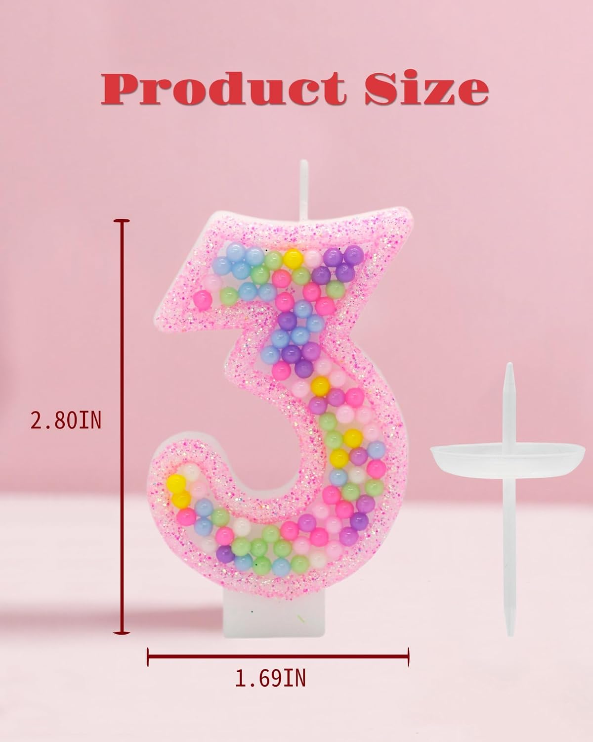Pink Glitter Number 3 Birthday Candle - Fun Candy Bead Cake Topper, 3rd Birthday Party Supplies for Girls, Three Year Old Decorations image 4