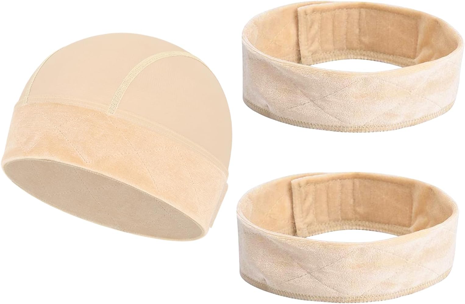 1 Piece Wig Cap & 2 Pieces Wig Grip Headband, Velcro Non Slip Headband, Stretchy Wigs Caps with Grip-band for All Hair-types and Hair-styles One Size Wigs Bands for Women and Girls (Nude)