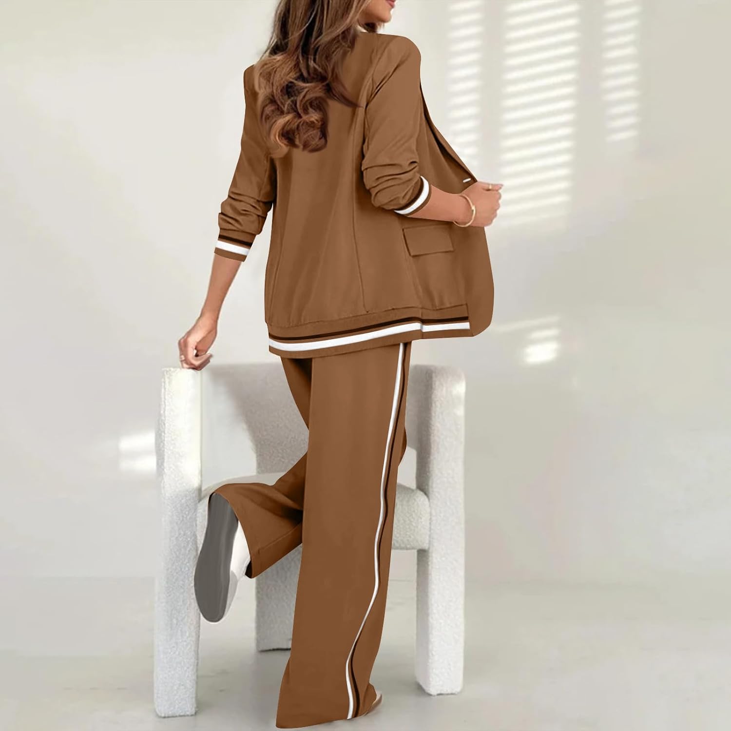 Women's Two Piece Outfits Casual Blazer Jacket and Wide Leg Work Pants Business Suit Color Block Tracksuit Sets
