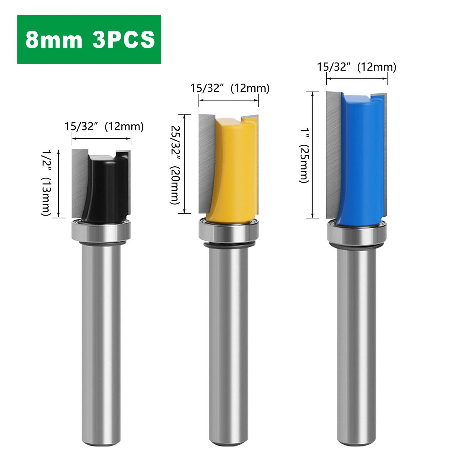 3 Pezzi Fresa per Scanalatura a Gambo, Fresa con Gambo da 8 mm, Fresa a Filo da 8 mm, Punta per Fresatrice per Legno, 3 Diverse Lunghezze di Taglio, per Rifilare, Incidere, Tagliare, Scanalare