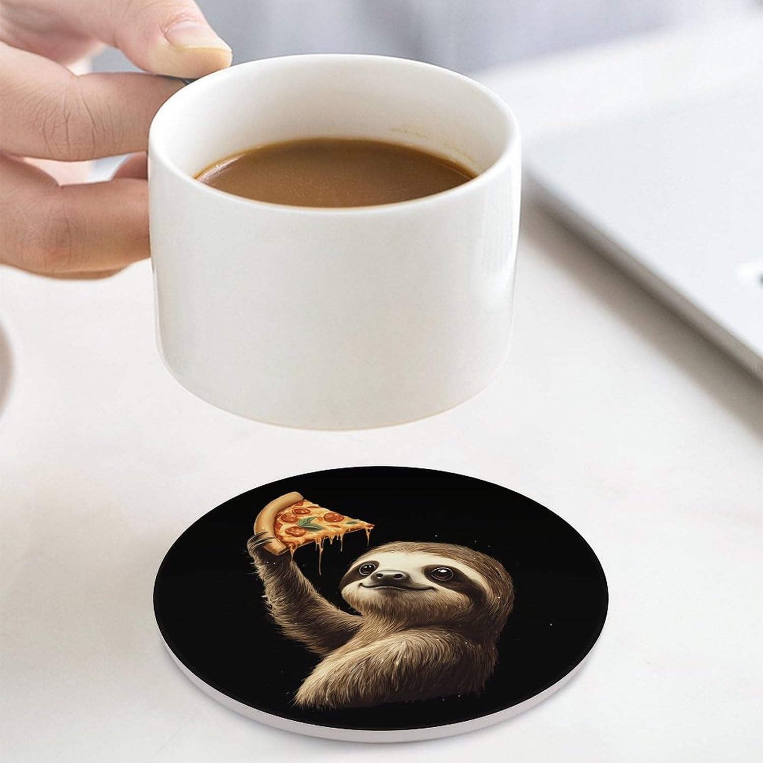 Sloth Slice of Pizza Funny Round Ceramic Coasters for Drink Absorbent Cup Holders Tabletop Protection