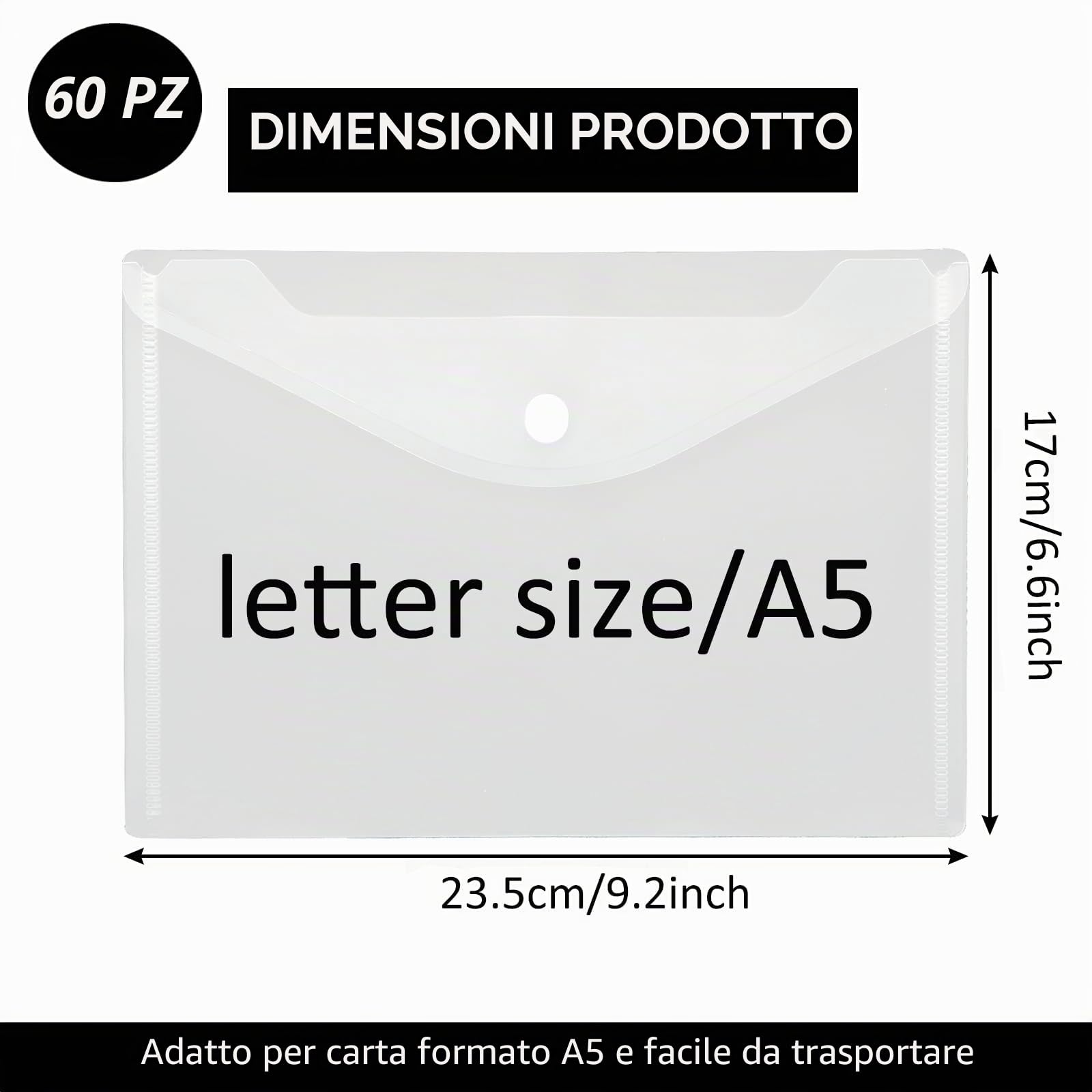 ASelected Set di 60 Busta Porta Documenti A5, Trasparente Cartelline Portadocumenti Plastica A5 Busta Con Bottone, Cartelle Porta Documenti - 235 x 170 mm