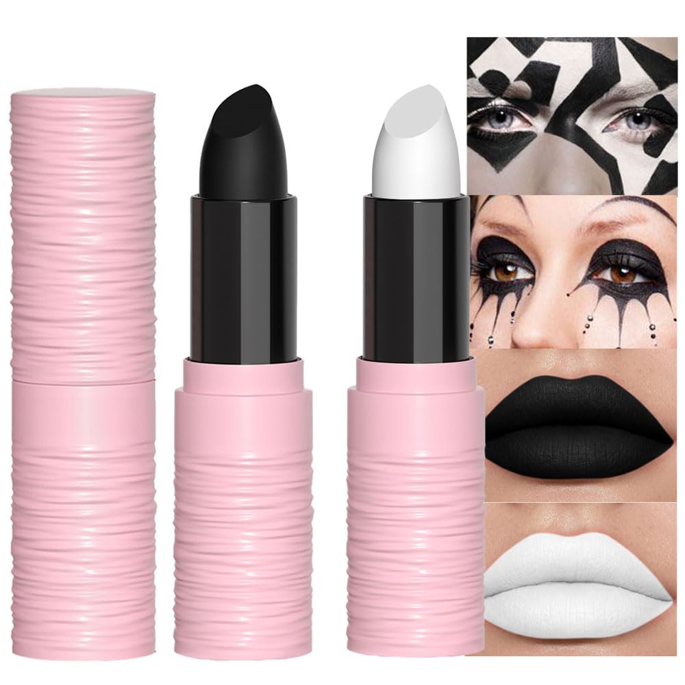 evpct 2Pcs Black Whtie Matte Lipstick Face Body Paint Stick Set High Impact Lipcolor with Moisturizing Creamy Formula Baseball Football Softball Eye Black Stick for Sports Halloween Party Clown
