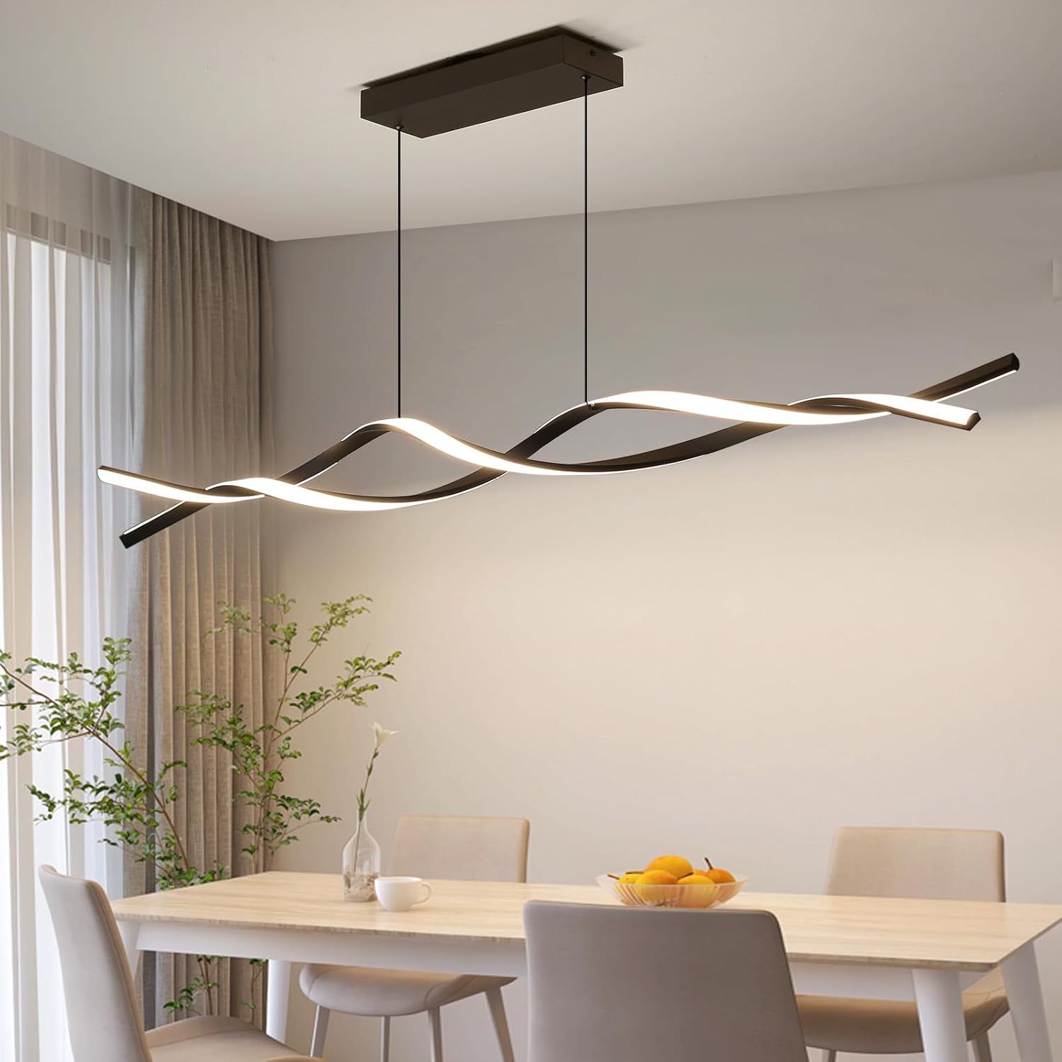 Modern Ceiling Chandelier Light, Acrylic Anti Flicker Pendant Lamp with Remote Control Dimmable 3 Color Mode & Brightness (Warm Cool Neutral Light) for Kitchen Bar Walnut 57in C 57IN
