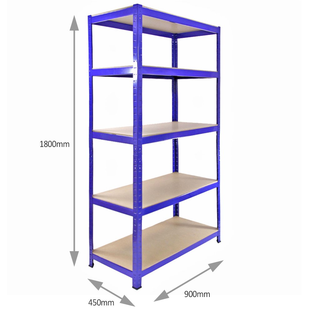 Scaffale da Garage ad Incastro T-Rax Scaffali per Garage Scaffalature Officina in Acciaio e MDF Senza Bulloni Mensole per Garage - Blu - 90cm x 45cm - 5 Pezzi con Connettori