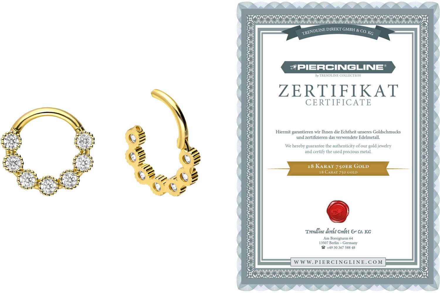 PIERCINGLINE 750er Gold Segmentring Clicker | 18 KARAT | 7 KRISTALLE | Piercing Ring Nase Septum Ohr Helix | Farbauswahl