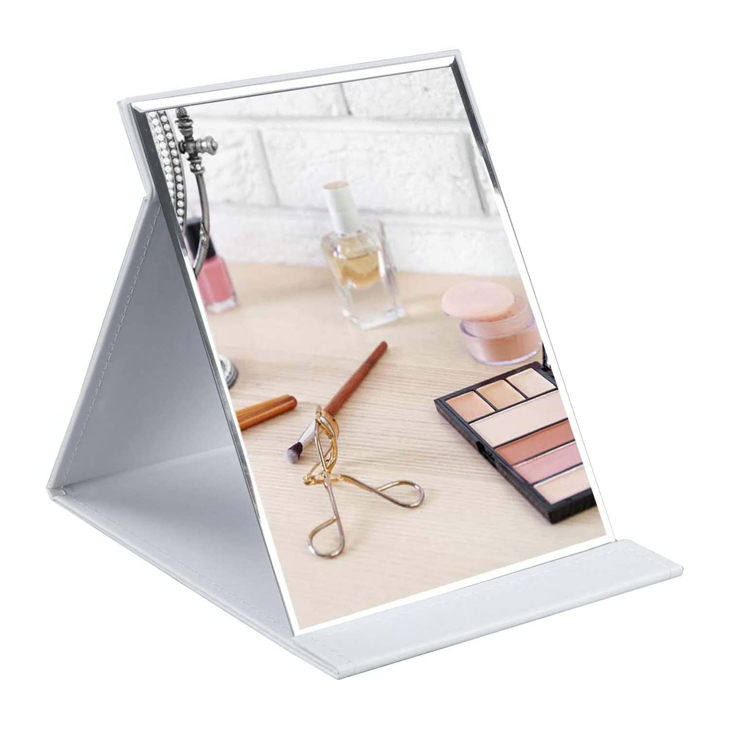 Mirror with Stand | Portable Folding Makeup Mirror for Office Desk, Vanity, Table & Travel | Compact Mirror Stand for Men & Women, Pack of 1 – White