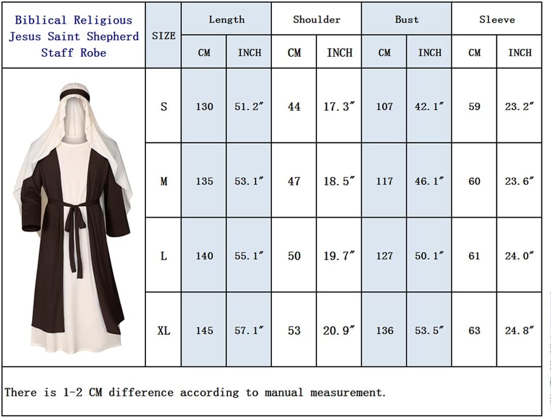 Irtysh Mens Biblical Saint Joseph Costume Jesus Robe Sherherd Costume Staffs Headwrap Hat Waist Rope Set