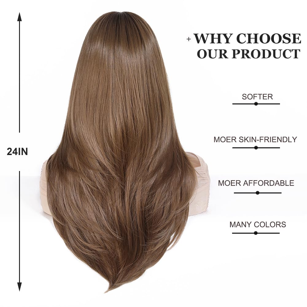 Esmee Long Straight Brown Wigs for Women with Fringe Natural Synthetic Hair Ombre Wig for Daily & Party Use - Image 4