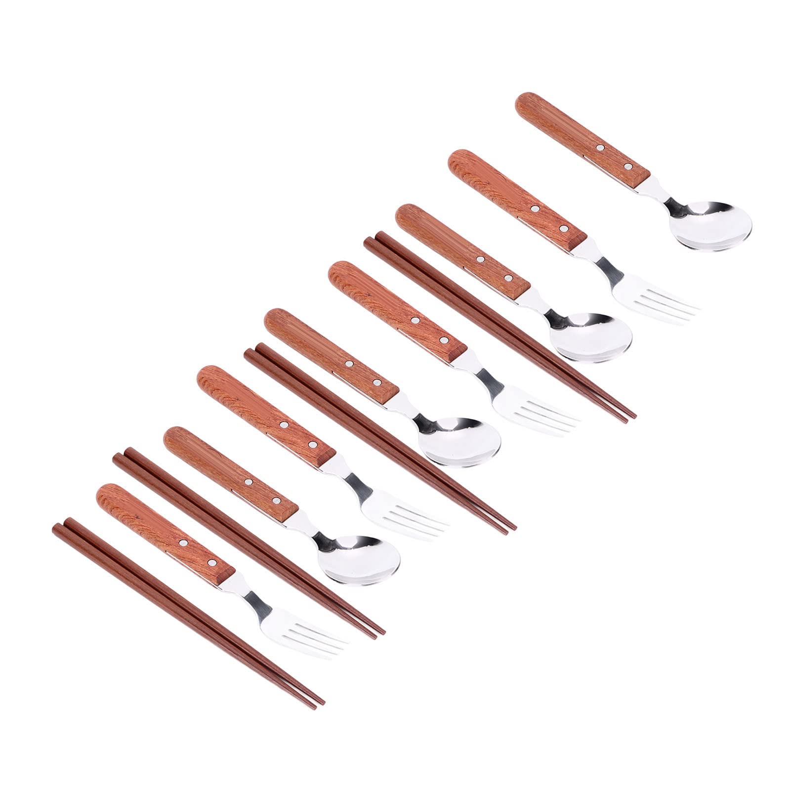 12 Stück Edelstahl Holzgriff Geschirr Set, wieder verwendbare Holzgriff Silberwaren-Set Löffel Gabeln Essstäbchen mit Trage tasche für Barbecue Camping Reisen
