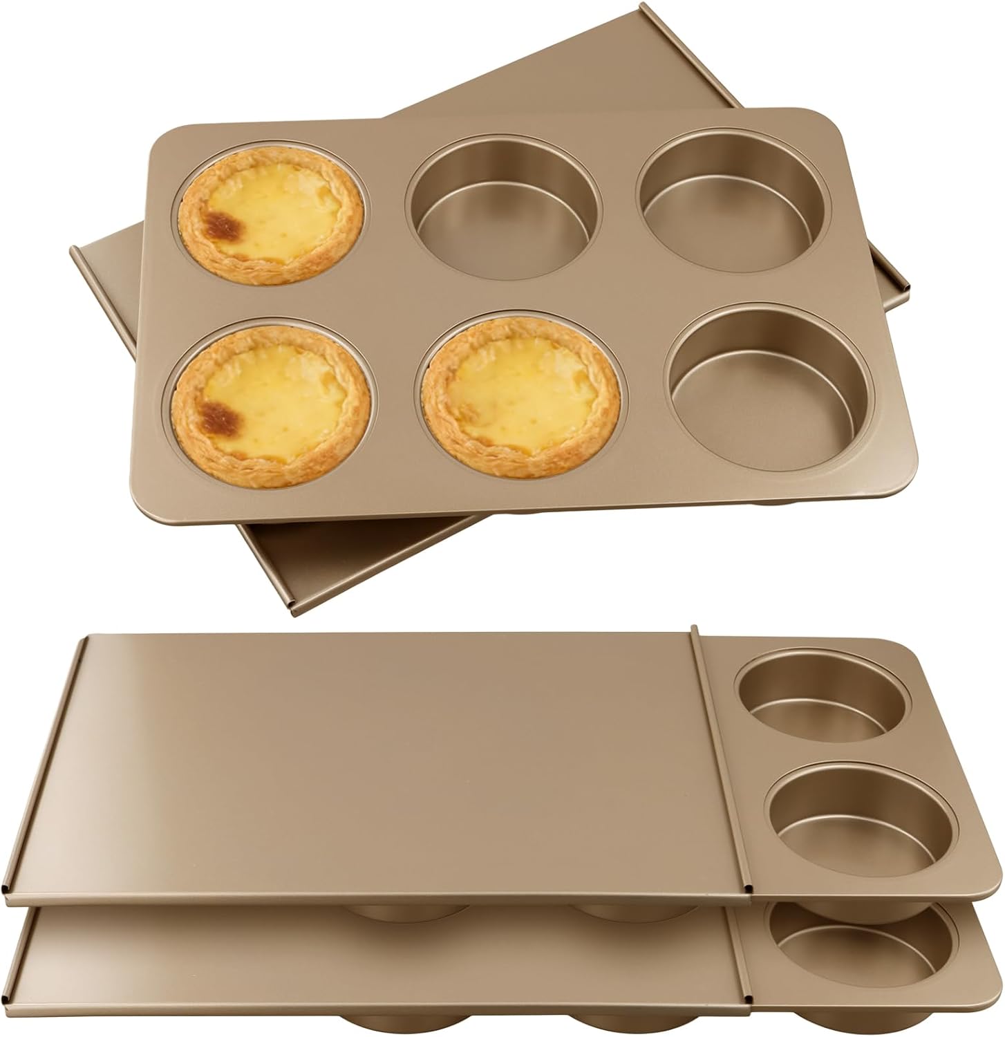 3 Pack 6 Cup Muffin Top Pans, Carbon Steel Muffin Cupcake Pan with Lid Nonstick Hamburger Burger Bread Bun Jumbo Muffins Pans for Baking Sandwich,Quiche Pancake, Gold