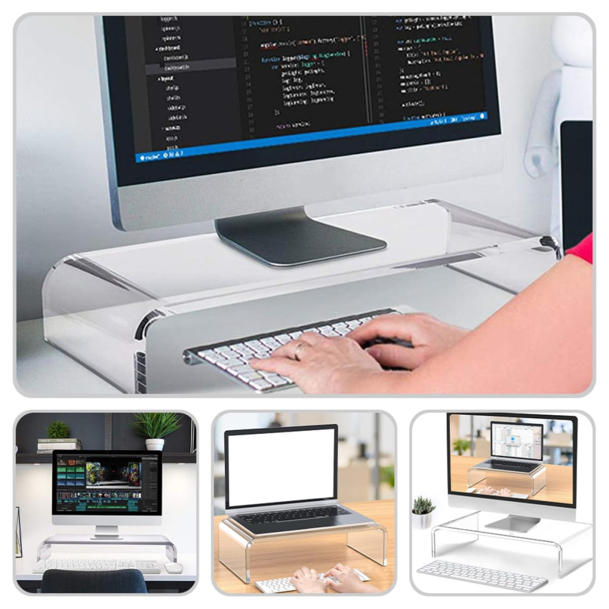 Supporto Rialzato per Laptop in Acrilico Trasparente da Scrivania | Design Ergonomico, Bordi Lisci, Piattaforma Elegante e Trasparente, Accessorio per Ufficio e Postazione Ordinata