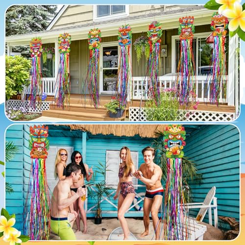 Image of Affrolling 8 Pcs Hawaiian Luau Party Decoration Tiki Totem Hanging Decorations with Tassels for Aloha Hawaii Luau Tropical Birthday Party Supplies 3.3 ft Outdoor Summer Tiki Door Banner Sign Decor