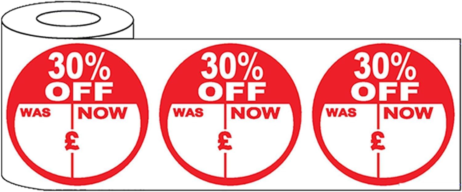 500x 45mm Round Adhesive Percent Off Promo Stickers (30 Percent Off) - Eye-Catching Discount Labels for Retail Promotions, Sales, and Events