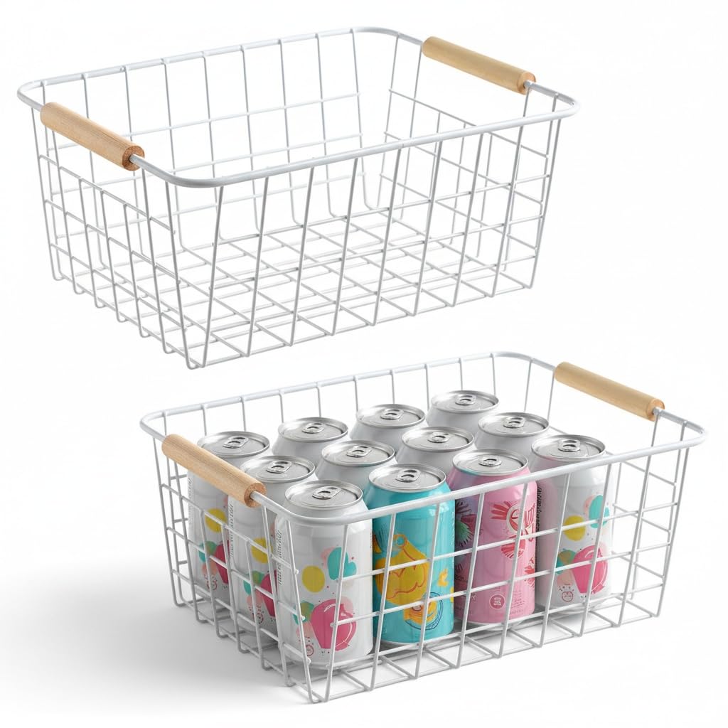 Aeggplant Kitchen Wire Baskets Farmhouse Decor Metal Food Storage Organizer,Household Refrigerator Bin with Built-in Handles for Cabinets, Pantry,