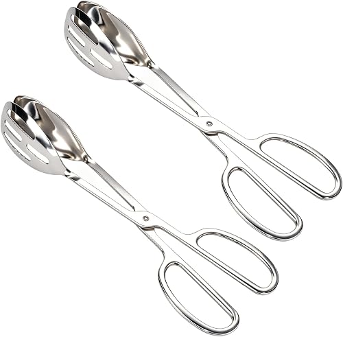 2pcs Salad Tongs for Serving, 26cm/10in Thickened Stainless Steel Heavy Duty Kitchen Scissor Tongs for Cooking Catering Buffet BBQ Baking Food Pastry Sandwich Bread & Dessert (Silver)