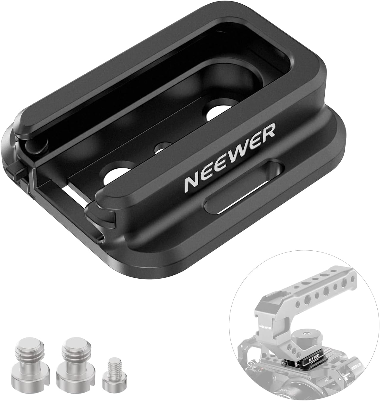 NEEWER Cold Shoe Mount Adapter with Dual 1/4" Threads & Screws, 4 Side Strap Slots, Anti Drop Retractable Safety Pin for Camera Cage Field Monitor Mount Speedlite Flash Mic LED Light, UA042