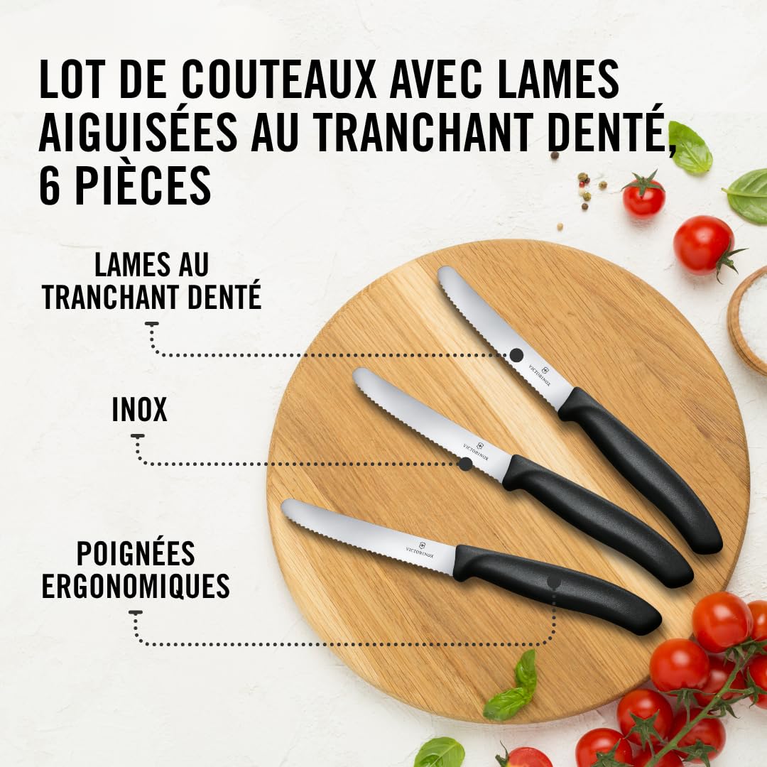 Victorinox Swiss Classic, Couteau à petit déjeuner, Couteau à pain, Lame tranchante, dentelée, 11 cm, Manche plastique, Acier inoxydable, Set 6 Pièces, Noir