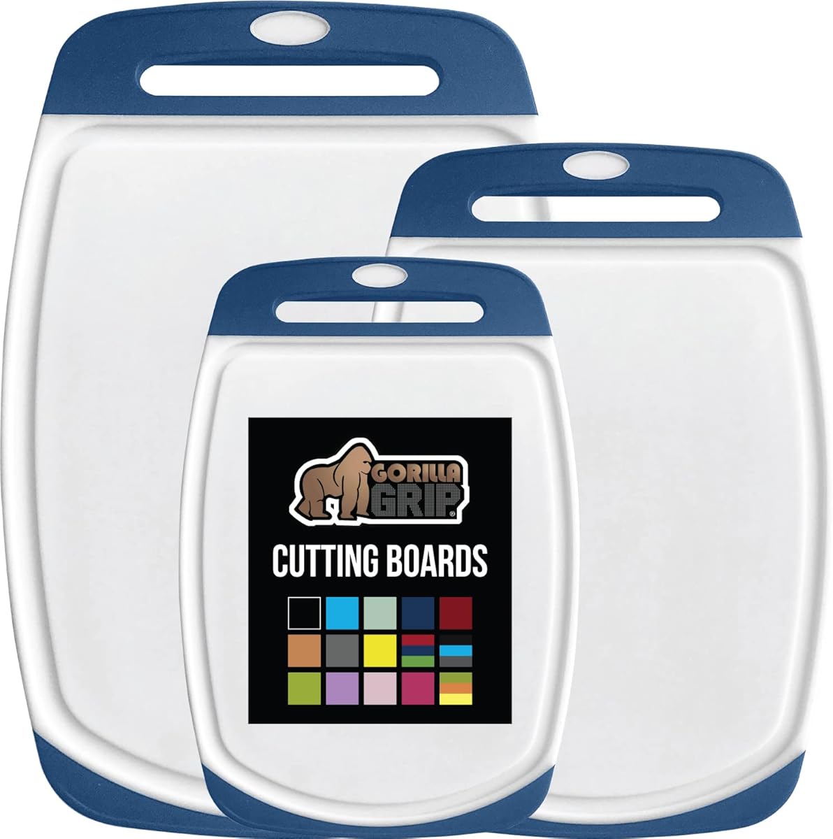GORILLA GRIP BPA-Free Reversible Kitchen Cutting Board Set of 3, US Designed, Nonporous, Juice Grooves Catch Liquid, Slip Resistant Border, Dishwasher Safe, Durable Large Food Chopping Boards, Blue