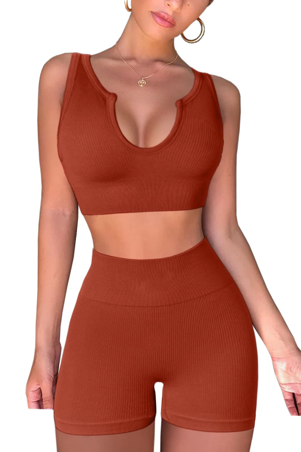 QINSENSeamless Workout Sets for Women Ribbed Sport Bra High Waist Running Shorts Gym 2 Piece Yoga Sets