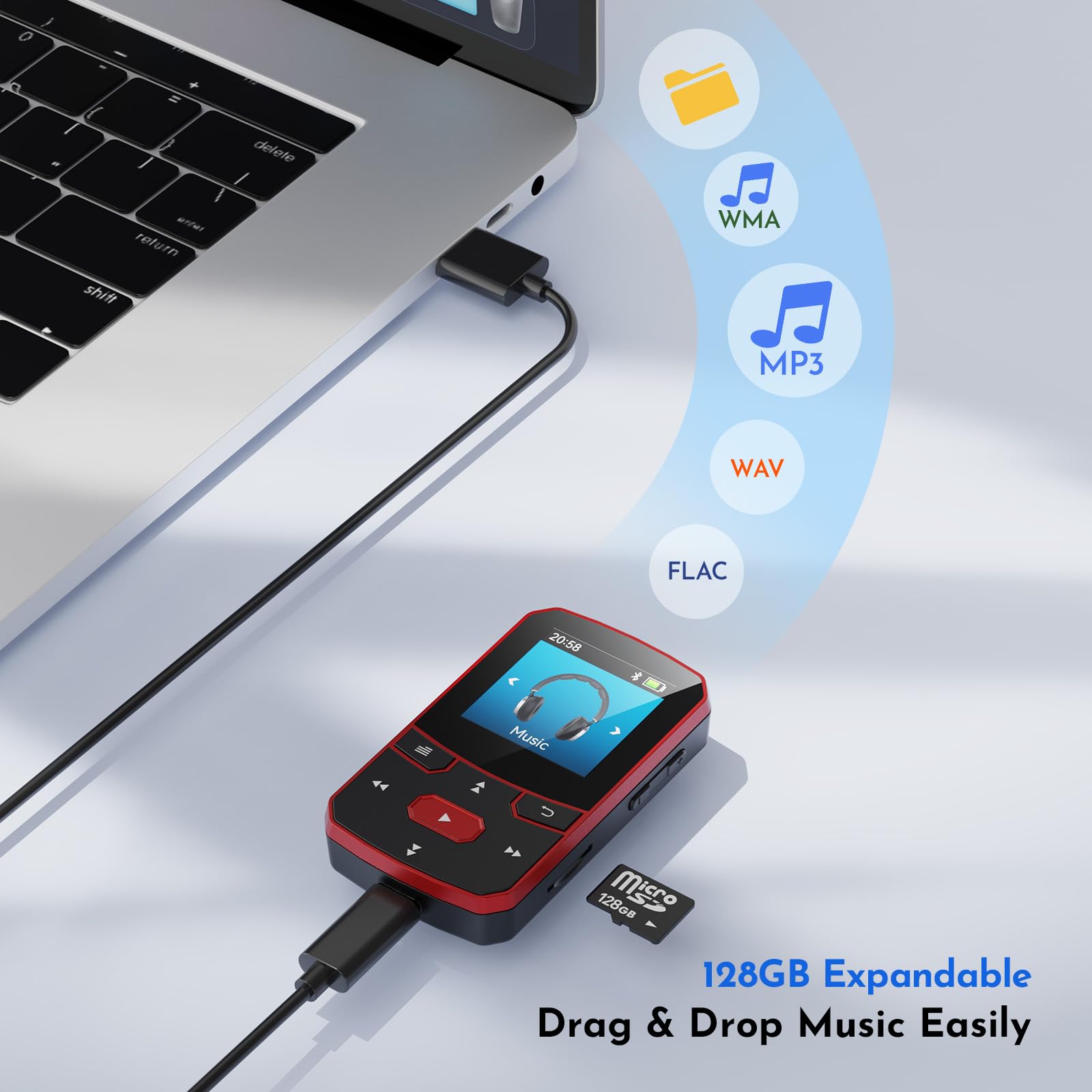 64GB MP3 Player Bluetooth 5.3, Clip Sport Musikplayer mit Blindbedienung, Tragbarer 29g Mini Audioplayer mit Resume-Funktion, FM Radio, Diktiergerät, bis 128GB