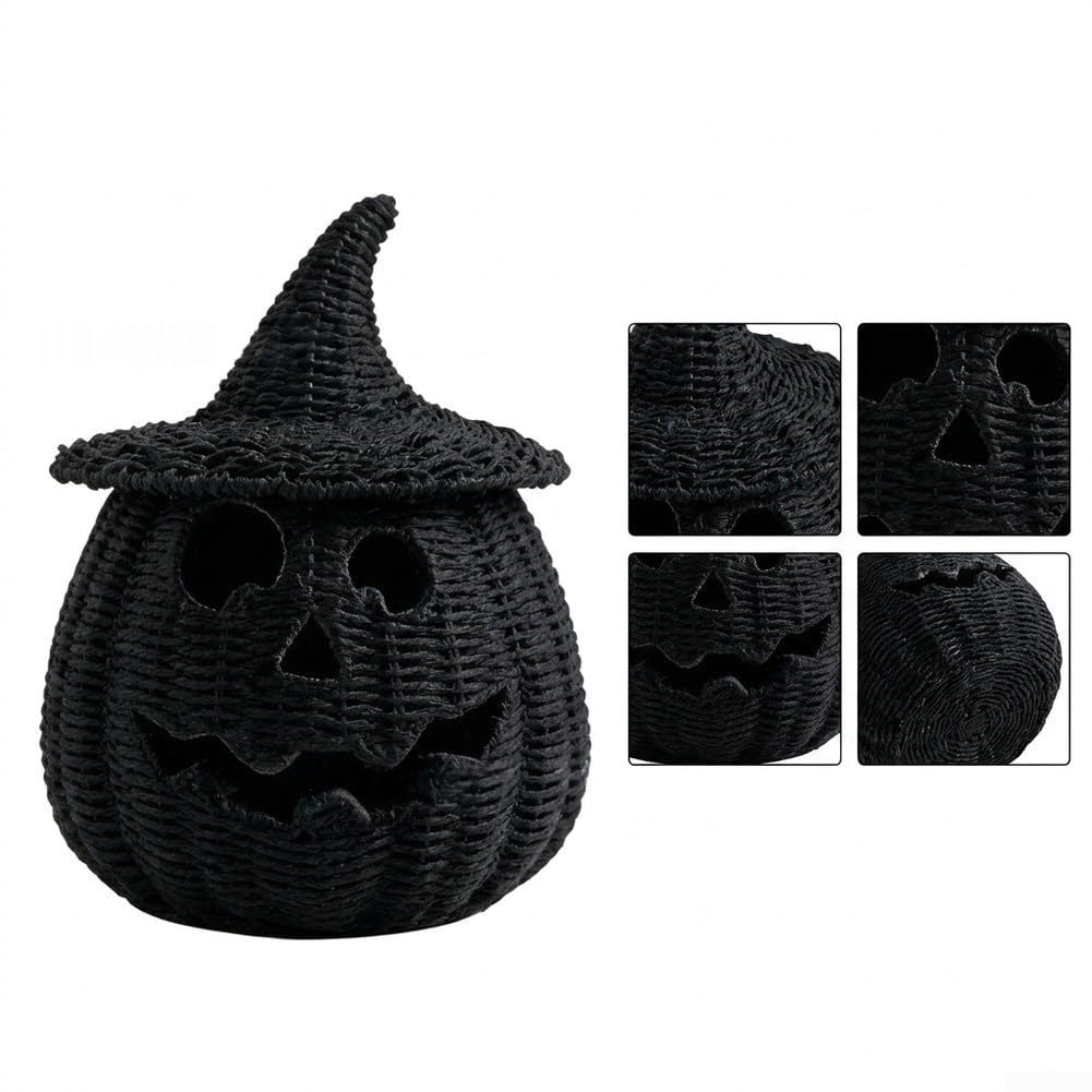 per lanterna Zucca Halloween Paglia Intrecciata Nera Volto Jack O