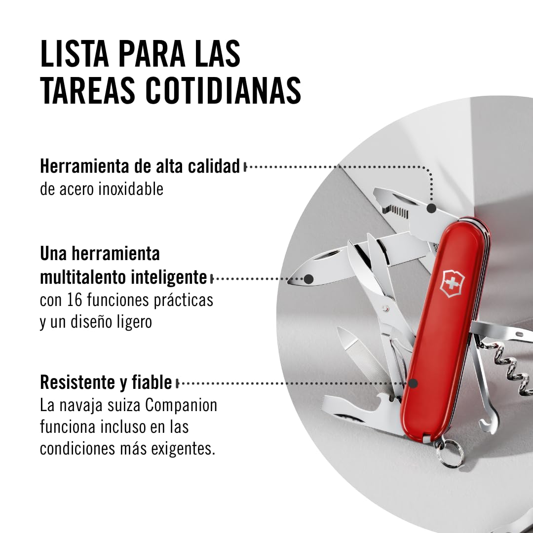 Victorinox Navaja de bolsillo Companion, 16 funciones, multiherramienta de bolsillo, incl. tijeras, destornillador, bolígrafo, Hecha en Suiza, roja | Cuchillo suizo del ejército | cuchillo suizo mediano | cuchillo de bolsillo pequeño para hombre | transpo