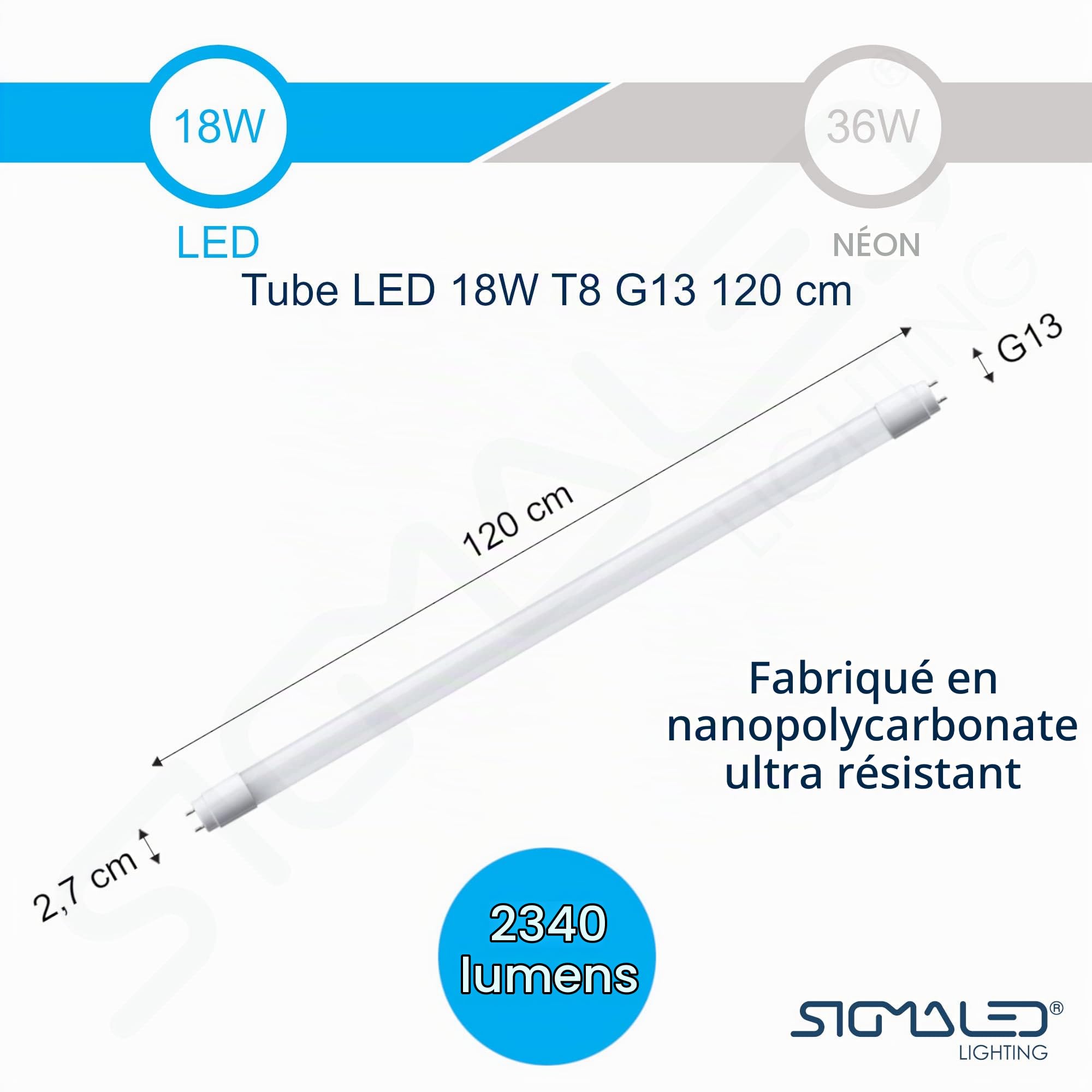 Sigmaled lighting - TUBE LED PROFESSIONNEL T8 G13 120cm 18W - Haute luminosité 2340lm (130lm/W) - Lumière blanche FROIDE 6000K - Remplace néon 36W - Angle 300° - LOT 10 tubes - Starter LED fourni