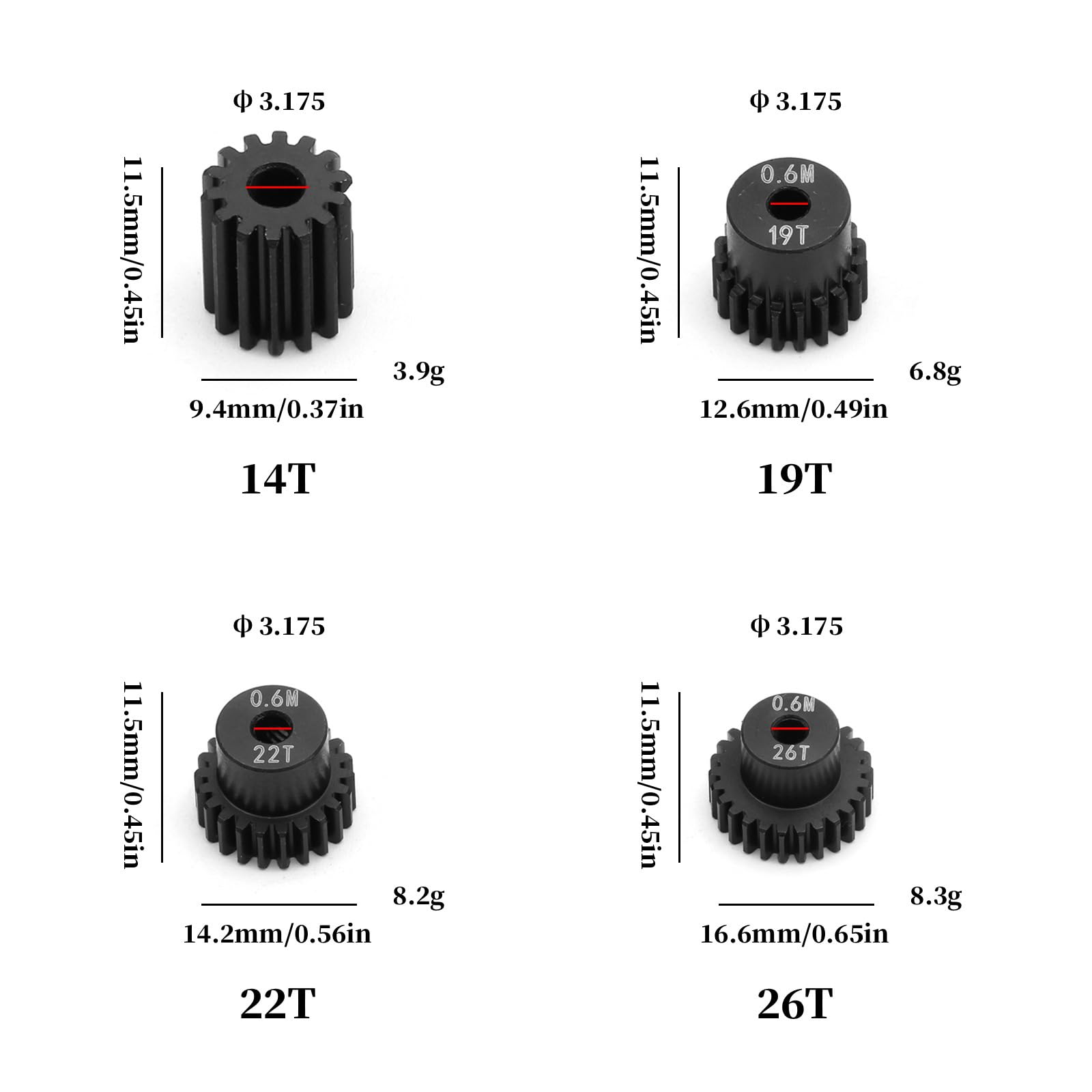 JOYSOG Engrenages métalliques 14T+19T+22T+26T pour MJX Hyper Go 1/14 14301 14303/Hyper Go 1/16 16208 16210 RC Motor Pignon Gear Set