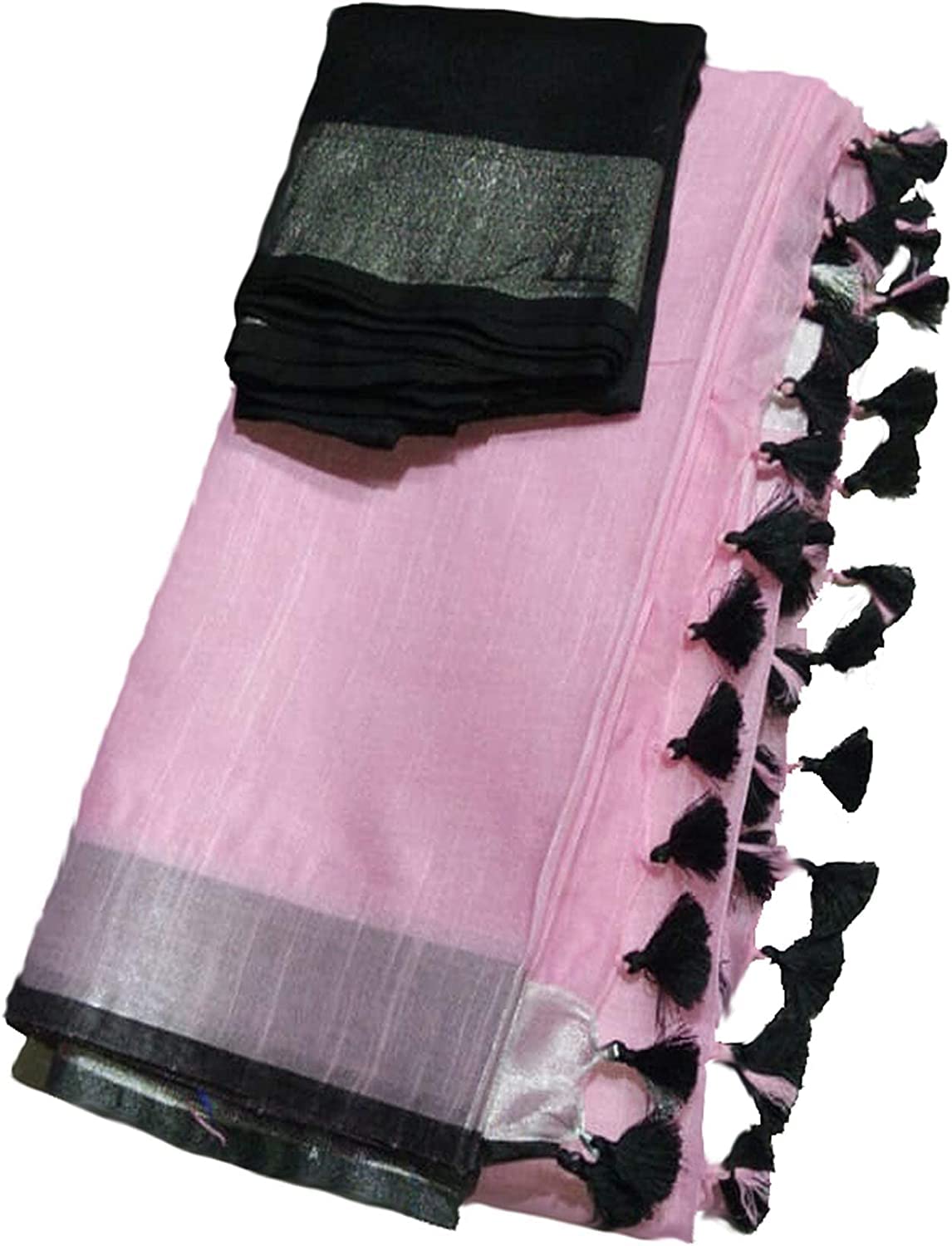 GenericNR Handloom | Women's Cotton Linen Slub Saree with Contrast Unstitched Blouse Piece and Zari Border & Pallu_Free Size_Variation_