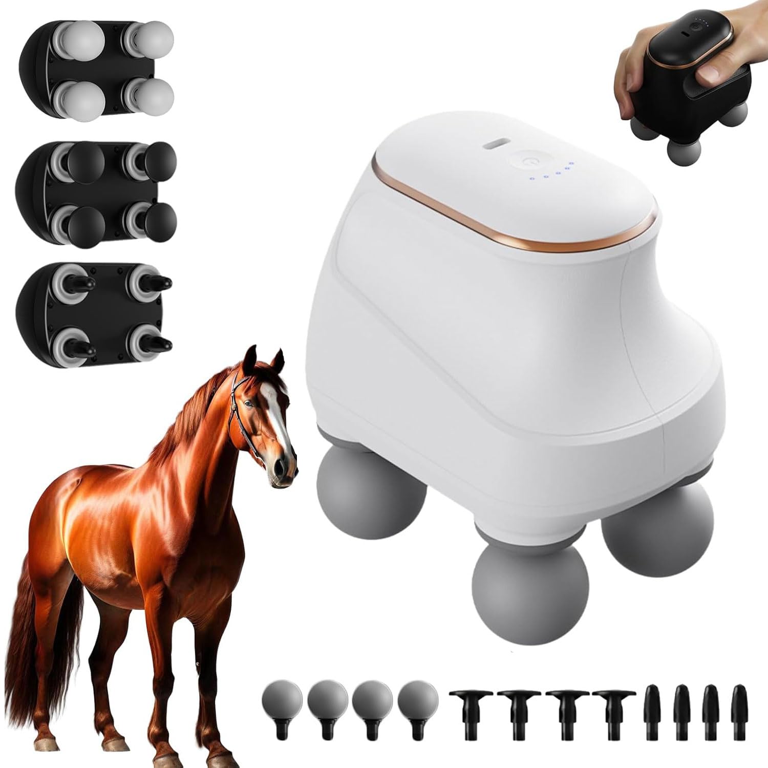 Chevaroo 4 Heads Massager, Chevaroo Horse Massager, 4-Kopf Massagepistole mit 12 Massageköpfen und 5 Geschwindigkeiten, Tragbar Wiederaufladbar Tiefenmassagegerät für Muskel Entspannung (Weiß)