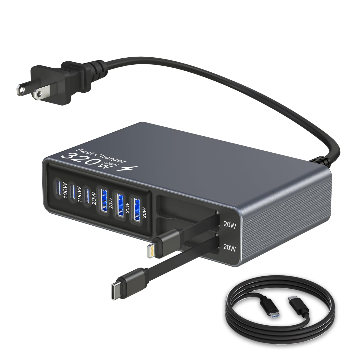 X-Star 320W 8-Port Retractable USB C Charger Block Charging Station,Upgraded GaN3.0 PD 100W Desktop Laptop Chargers,Fast Multiple USB Charging Hub for MacBook Pro/Air,iPad,Galaxy, iPhone17/16/15 etc
